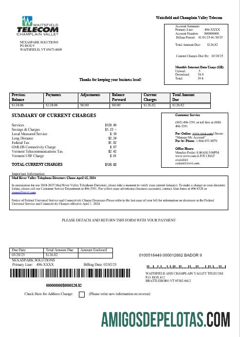 Em branco modelo de conta de serviços públicos da USA Waitsfield Telecom em formatos Word e PDF